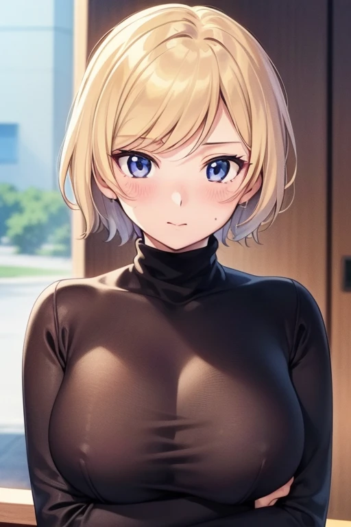 mangamichirum, 1girl, blond hair, short hair, blush, large breast, ((tight black long sleeve undershirt, turtleneck)), breast hold, upper body, looking at view, (masterpiece, high resolution, best quality, anime screencap, anime colored, 8k, photorealistic...