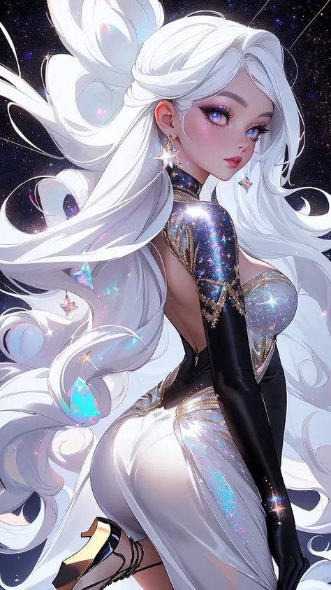 {-erro_de_anatomia:1.0} masterpiece, highest quality, (perfect face:1.1, (high detail)1.1, sweet stardust vampire , long soft white hair, opal eyes, perfectly drawn face, black dress, stars detailed background, prismatic lighting, glitter, whole body,  Dan...