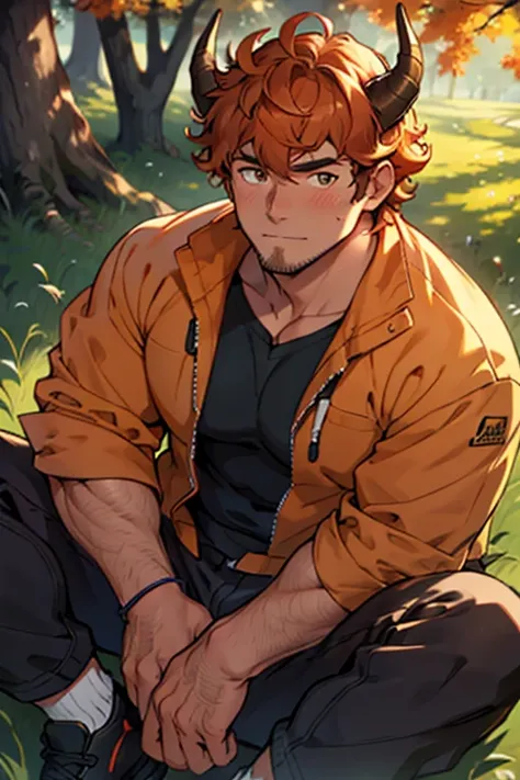 (highres:1.2),1 man, handsome ((older)) young- man, sitting in grass during autumn, blushing, anime style, stubble, soft expression, (wrinkles:1.2), short hair, messy curly orange hair, orange, curly bangs, curled ram horns, perfect detailed eyes, masculin...