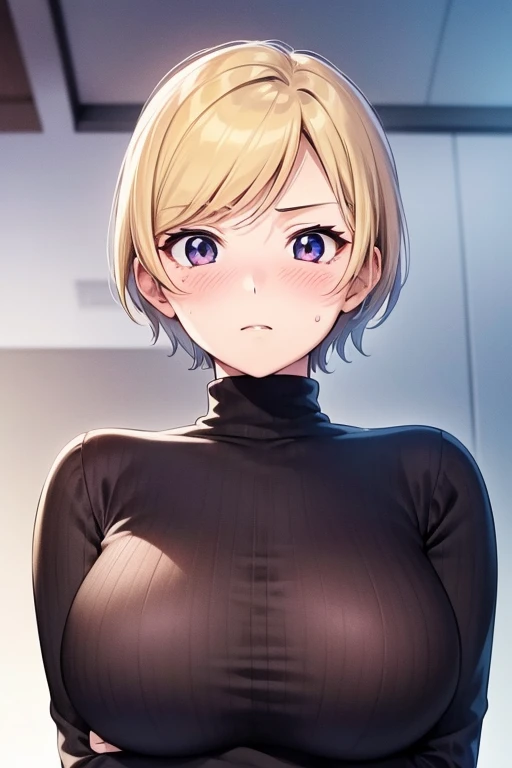 mangamichirum, 1girl, blond hair, short hair, blush, large breast, ((tight black long sleeve undershirt, turtleneck)), breast hold, upper body, looking at view, from below, (masterpiece, high resolution, best quality, anime screencap, anime colored, 8k, ph...