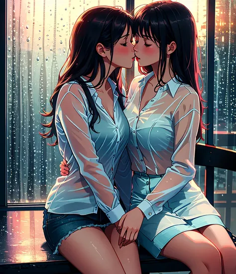 (best quality,photorealistic),2girls,kissing passionately,touching lips,tight embrace,sitting on the lap,chair,window,rainy outside,night,dramatic lighting,vivid colors,romantic atmosphere