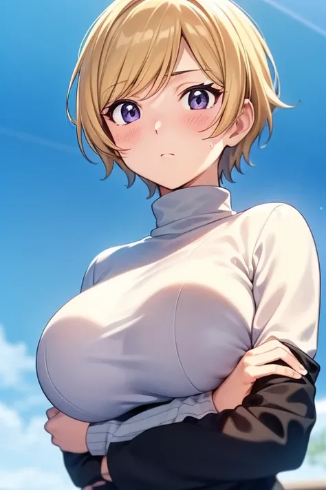 mangamichirum, 1girl, blond hair, short hair, blush, large breast, ((tight black long sleeve undershirt, turtleneck)), breast hold, upper body, looking at view, from below:1.5, (masterpiece, high resolution, best quality, anime screencap, anime colored, 8k...