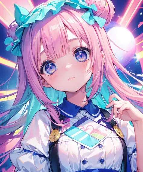 mesa, (2 meninas), Idol, um close de um, olhos grandes, kawaii Institute of Technology, kawaii, Bonitinho, cores pastel, melhor qualidade, feliz, Deep Story, Symmetrical, head tilt