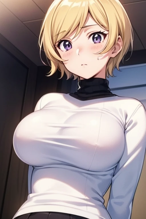 mangamichirum, 1girl, blond hair, short hair, blush, large breast, ((tight black long sleeve undershirt, turtleneck)), breast hold, upper body, looking at view, from below, (masterpiece, high resolution, best quality, anime screencap, anime colored, 8k, ph...