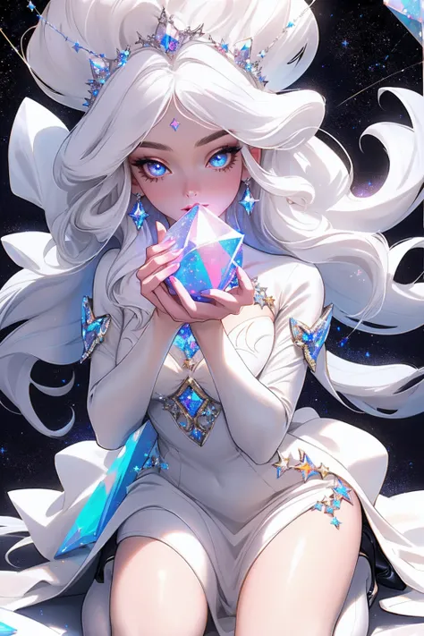 {-erro_de_anatomia:1.0} masterpiece, highest quality, (perfect face:1.1, (high detail)1.1, sweet stardust vampire , long soft white hair, opal eyes, perfectly drawn face, black dress, stars detailed background, prismatic lighting, glitter, whole bod., Very...