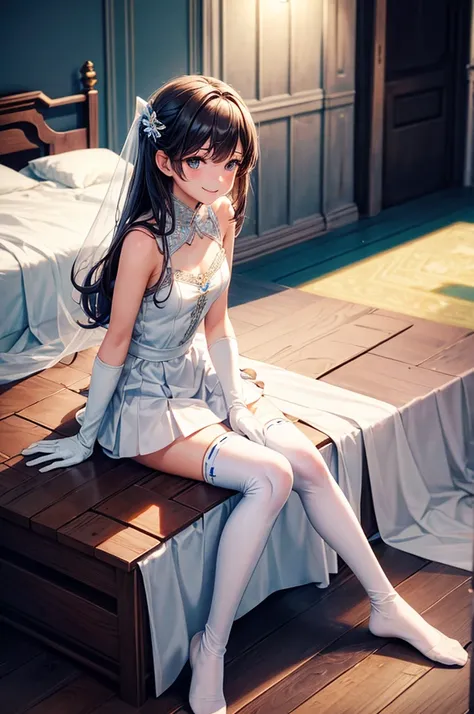 best quality, masterpiece, 1girl, solo, Fairy, long hair, FairyBase, thigh-highs, bare shoulders, jewelry, sleeveless, white dress, blue skirt, gloves, bed room, bed, wooden floor, sitting, sitting on bed, from below, hands on legs, smile, soft lighting, f...