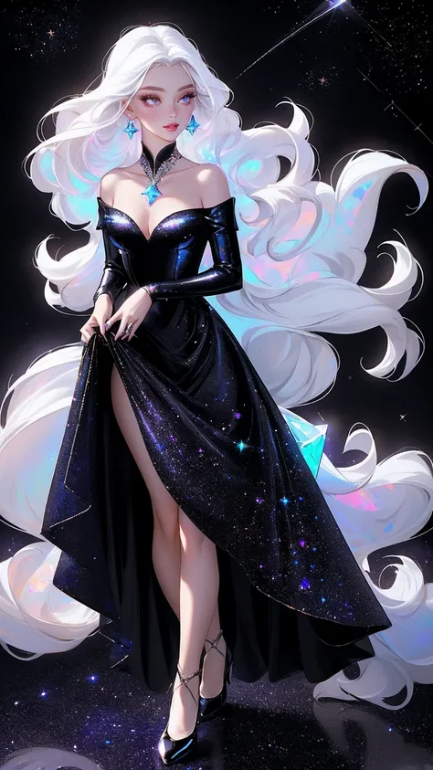 {-erro_de_anatomia:1.0} masterpiece, highest quality, (perfect face:1.1, (high detail)1.1, sweet stardust vampire , long soft white hair, opal eyes, perfectly drawn face, black dress, stars detailed background, prismatic lighting, glitter, whole body,  Dan...