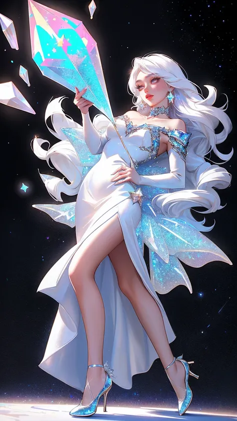 {-erro_de_anatomia:1.0} masterpiece, highest quality, (perfect face:1.1, (high detail)1.1, sweet stardust vampire , long soft white hair, opal eyes, perfectly drawn face, black dress, stars detailed background, prismatic lighting, glitter, whole body,  Dan...