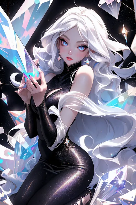 {-erro_de_anatomia:1.0} masterpiece, highest quality, (perfect face:1.1, (high detail)1.1, sweet stardust vampire , long soft white hair, opal eyes, perfectly drawn face, black dress, stars detailed background, prismatic lighting, glitter, whole bod., Very...