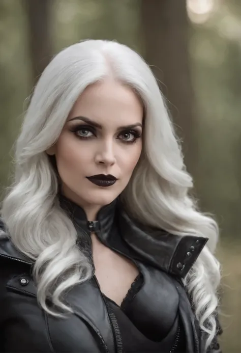 Foto von Lady Death aus dem Comic, 8 TAUSEND, Realistisches Bild mit sehr kurzen schwarzen statt weissen haaren und einer Pilotenjacke 