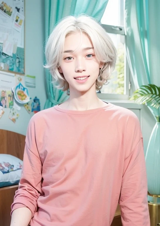 Young adult male, medium length white hair, pink sweater, green and blue heterochromia, cute smile