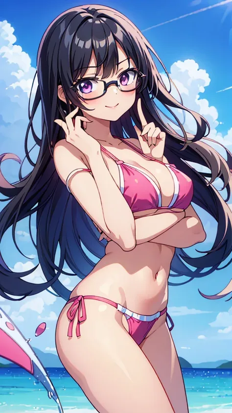 Masterpiece, top quality, ultra-fine, anime, illustration of a beautiful junior high school girl with long straight black hair and glasses smiling innocently, with one raised index finger in front of her lips as a gesture signifying secrecy, showing a pink...