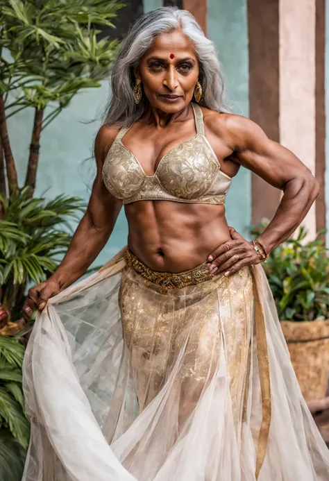 pavna, a 50-year-old indian ifbb, dark skinned, white hair, thick lips, iridescent sheer skirt, shiny gold bra 