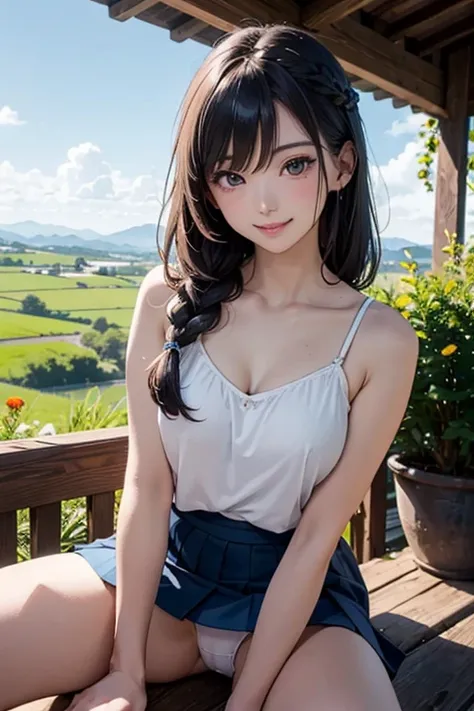 very cute and beautiful girl,(highly detailed beautiful face and eyes:1.2),
white camisole,sitting,spread legs,white panties,dynamic angle BREAK
 (smile),happy,looking at viewer,(pleated blue mini skirt:1.2),
countryside,grassland,hilltop,tiny colorful flo...