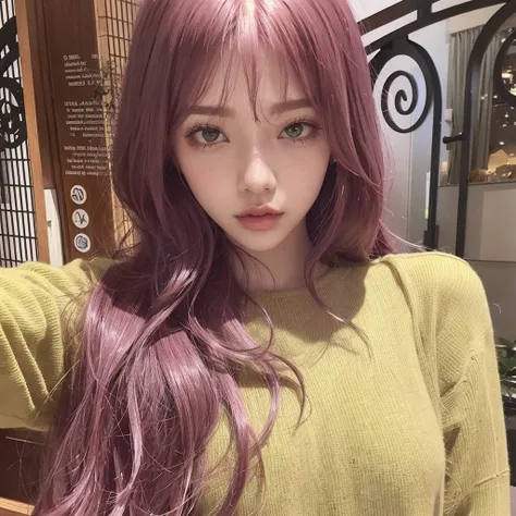 Arafed woman with long pink hair and a green sweater., ulzzang, Cabello largo rosado , long hair con flequillo completo, color rosa de la piel, color rosa, pelo liso rosa, tinte de pelo, Lalisa Manoban de Blackpink, Aurora dyed hair, con cabello rosado, Ca...