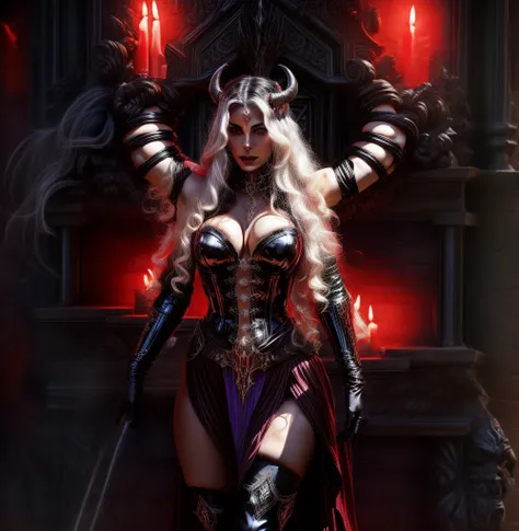 female nightelf, sexy black and red leather armor posing in front of a fireplace, ((white long curly hair)), beautiful elegant demon queen, demon horns, big breast, succubus, demonhunter, demon wings | medieval, dark fantasy female magician, dark elf princ...