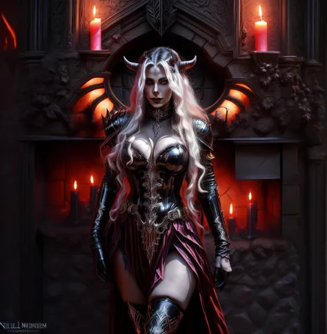 female nightelf, sexy black and red leather armor posing in front of a fireplace, ((white long curly hair)), beautiful elegant demon queen, demon horns, big breast, succubus, demonhunter, demon wings | medieval, dark fantasy female magician, dark elf princ...