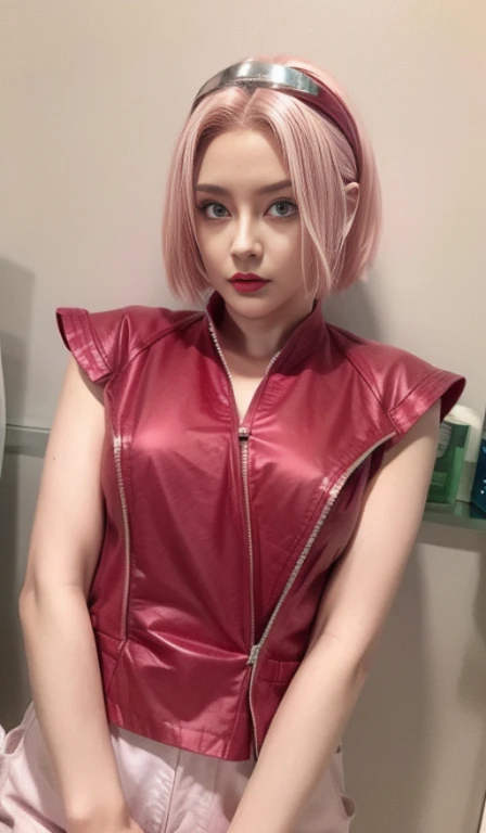 young woman, white skin, short pink hair, wide forehead, big emerald green eyes, buttoned nose, red lips, red clothes, Sakura Haruno, realism, 3d