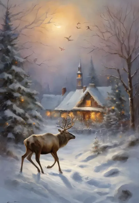 christmas，Christmas tree，snow landscape，snow covered，Santa Claus sits on a sleigh pulled by an elk，Fly through the sky，There is a snowman on the snow，Snow-covered house, It was snowing heavily in the sky，Winter Christmas night, santa, fantasia de cena de i...