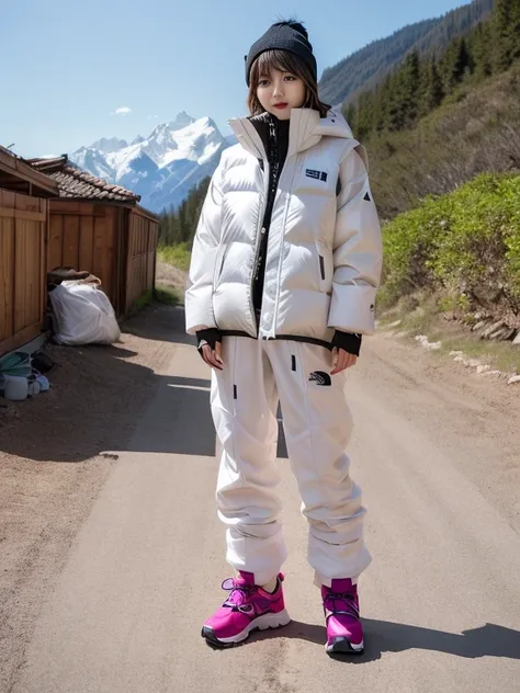 very detailed、masterpiece、Ski Resort Background、a woman in a (white down vest at northface):1.4, white puffer vest and black pants posing for a picture, model is wearing techtical vest, sportswear, sportswear, かわいいsportswear, nanocarbon-vest, white!!, whit...