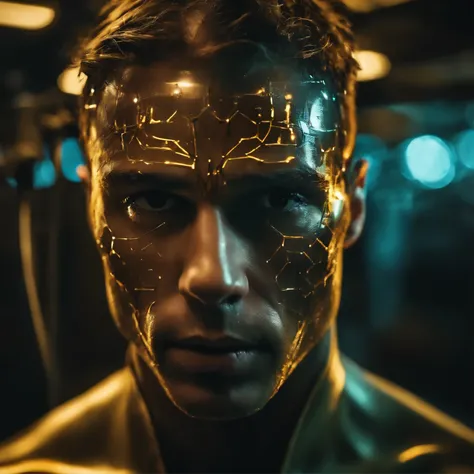 closer-up Man in the oily face, in detailed futuristic clothing, with traces of cybernetic circuits visible, oily and shiny skin on his face highlighting tension, standing in a high-tech mechanics laboratory, intense photographic style of a thriller.