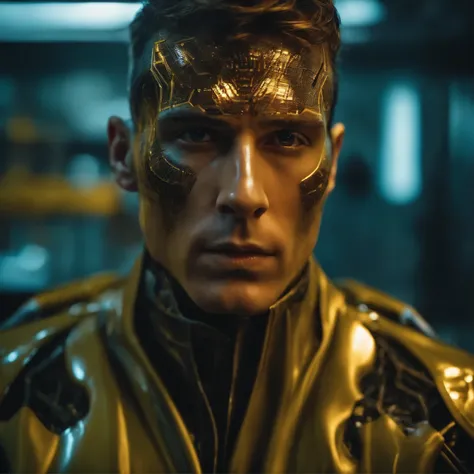 closer-up Man in the oily face, in detailed futuristic clothing, with traces of cybernetic circuits visible, oily and shiny skin on his face highlighting tension, standing in a high-tech mechanics laboratory, intense photographic style of a thriller.