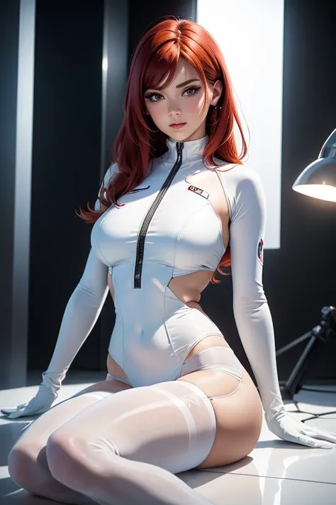 (best quality,8k:1.2,high resolution:1.2),ultra-detalhado,Realistic,science fiction female,red hair,rosto extremamente detalhados,long eyelashes,Collant de nylon branco Apertado,white pantyhose,white gloves, white Glossy plastic accessories,Physically-base...