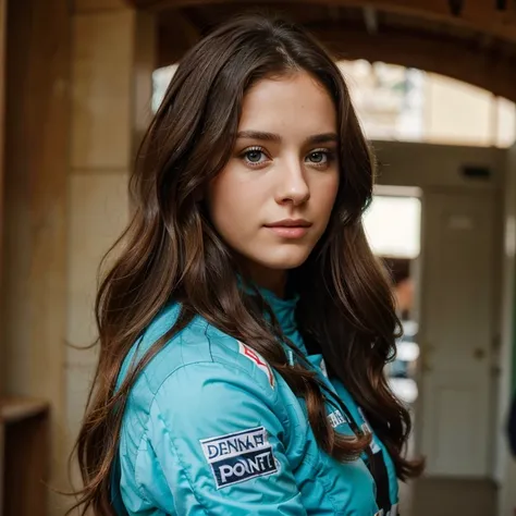 Une Française 27 years old, long curly brown hair and blue and green eyes next to an F1 driver 