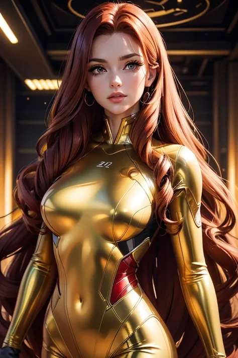 (best quality,8k:1.2,high resolution:1.2),ultra-detalhado,Realistic,vintage space female,very long curly red hair,rosto extremamente detalhados,long eyelashes,golden metalic tigt suit,gloves,Glossy accessories,Physically-based rendering,foco nítido,studio ...