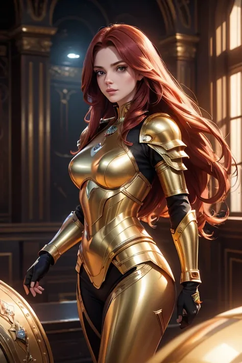 (best quality,8k:1.2,high resolution:1.2),ultra-detalhado,Realistic,space female,very long red hair,rosto extremamente detalhado,long eyelashes,gold metalic tight armour,gloves,Glossy accessories,Physically-based rendering,foco nítido,studio lighting