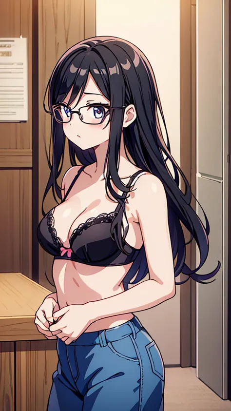 Masterpiece, top quality, very fine, anime, first time wearing a bra, trying to stop the hook at the back, illustration of a beautiful girl with glasses and long straight black hair, junior high school student, bra color pink, composition from the back