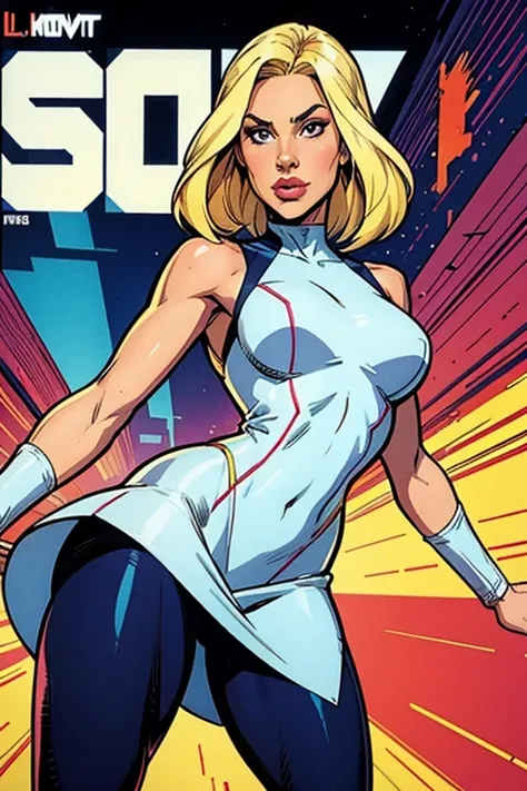 Best quality, comics style,fashion woman,blonde hair,látex micro dress,tights