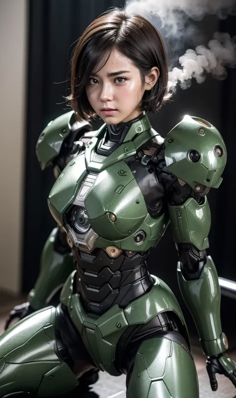 rough skin, Super detailed, advanced details, high quality, 最high quality, High resolution, 1080P, hard disk, beautiful,(War Machine),beautifulサイボーグの女性,Dark Green Mecha Cyborg Girl,In combat,Mecha body girl,、middle School girls　very short hair、sweaty brown...