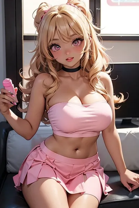 gyaru, curvy, dark skin, curly blonde hair, pink tube top, pink miniskirt, long nails