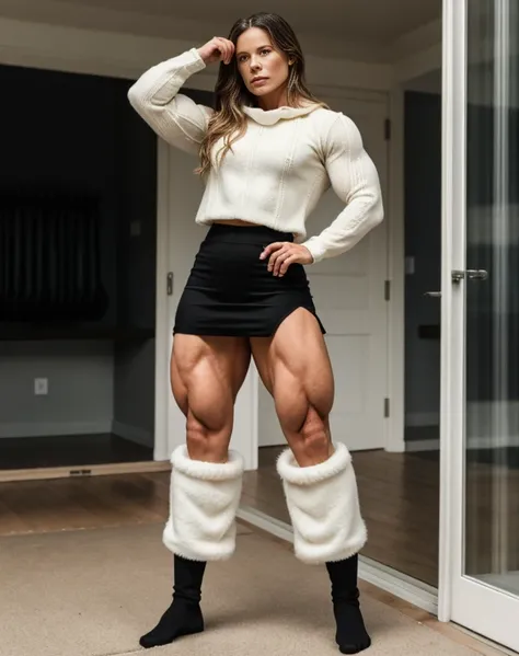 Rhona Mitra, Generate a full length fashion portrait of a heavily muscled iff pro female bodybuilder , her makeup, hair, she  dressed in a tight fluffy woolen sweater, tight long skirt, white knee high socks, lighting, environment