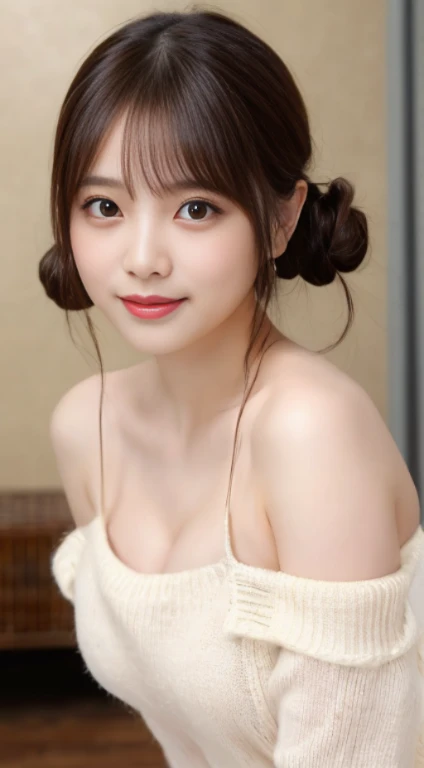 adorable, japanese girl,   Straddle upright, off_Shoulder sweater , (smile:0.7),  curly hair, hair scrunchie,  twin tails,  (highly detailed skin), (highest quality:1.0), (Super high resolution:1.0) ,(photo-realistic:1.0), (super detailed:1.0), (8K, RAW ph...