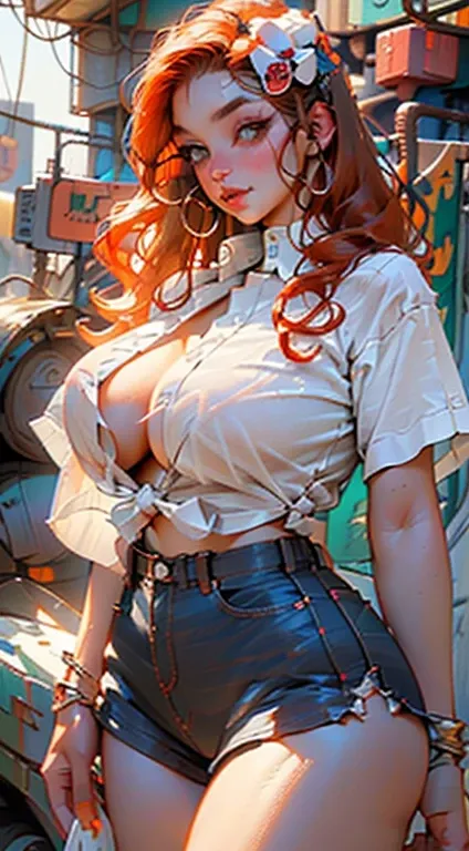 masterpiece, best quality, ultra-detailed, highly detailed CG illustration, (Cowboy shot:1.4), (curvy and ginger girl:1.4), long and curly hair, ([orange|copper] hair:1.5), floating hair, perfect body, perfect_face, high_detailed_face, realism face, hair o...