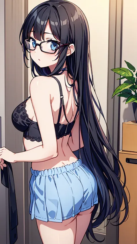 Illustration of a beautiful junior high school girl with long, straight black hair and glasses putting on a bra for the first time, composed from the back of the model, trying to fasten the hook of the bra with her hands behind her back, the color of the b...