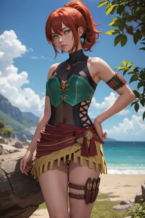 obra de arte, melhor qualidade, ysKarna, arco de cabelo, topo de colheita verde, umbigo, mangas destacadas, single thigh height, thigh strap, luvas sem dedos, sentado, em terra, de cima, olhando para o espectador, floresta, selva