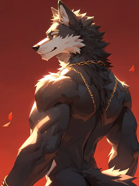 (Wolf)furry,solo,Yellow eyes,Muscular,Nude body,Wear jewelry,red background,There is a fruit on the back.,dyed smiley face,Attractive sight,(maximum detail,Backlit,4K)