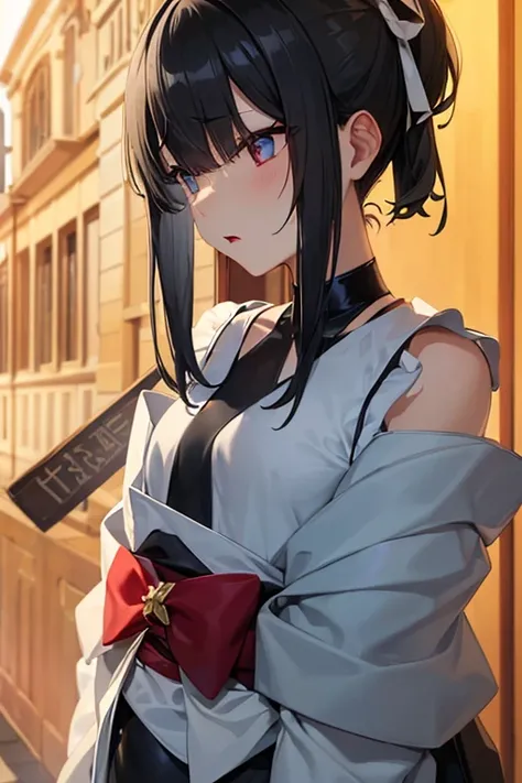 {{{{femboy、fake girl、flexible、thin、flat chest、Poor chest、sloped shoulder、share、bulge、junk、package}}}}、{{thinウエスト}}、{{black hair、blunt bangs、half updo、short hair、White and black kimono、clear face、expressionless、red lipstick}}