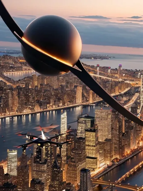 black quadcopter shaped like a sphere flying over Manhattan new York high detail superior quality