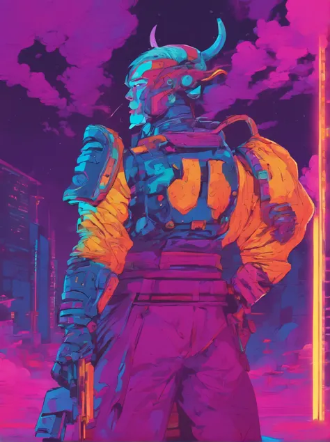 painting inspired by tomer hanuka and Victor Mosquera. A futuristic cyberpunk Japanese emperor, royalty, purple classic samurai armor, extraordinary,extravagant, monochromatic colors, (purple color pallette), best quality, detailed painting