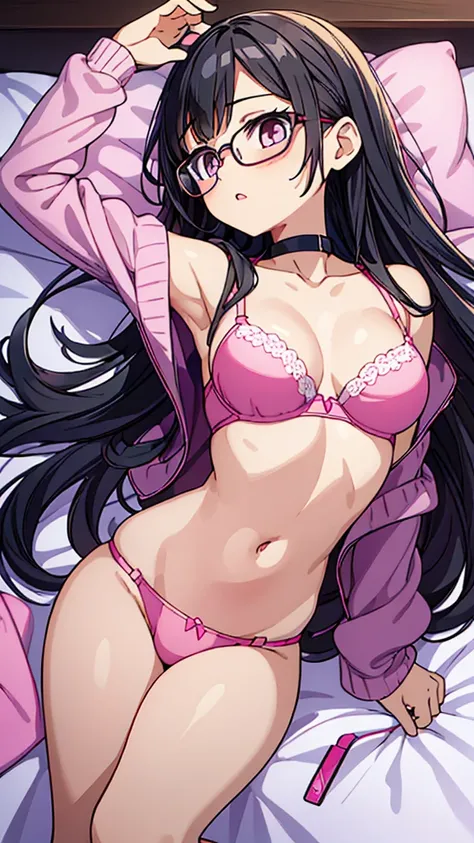 Illustration of a beautiful early teens girl with long, straight black hair and glasses putting on a pink bra for the first time, composed from the back of the model, trying to fasten the hook of the pink bra with her hands behind her back