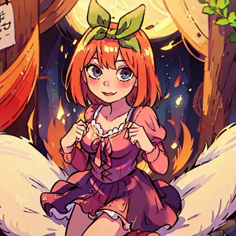 Fusion between Rapunzel from disney and Yotsuba Nakano, good fusion, excellent character design, masterpiece, 4k, perfect anatomy, perfect face, perfect eyes, 1girl, solo, full body, yotsuba nakano wearing rapunzels dress, long long orange hair, red hair, ...