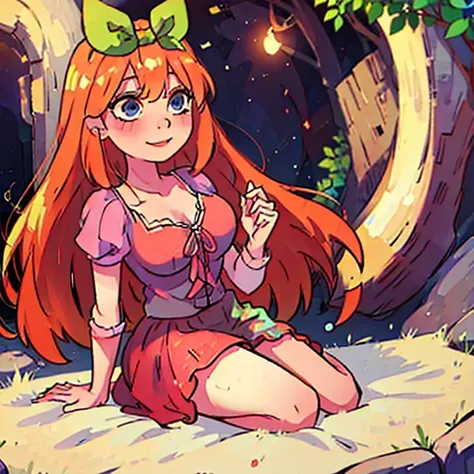 Fusion between Rapunzel from disney and Yotsuba Nakano, good fusion, excellent character design, masterpiece, 4k, perfect anatomy, perfect face, perfect eyes, 1girl, solo, full body, yotsuba nakano wearing rapunzels dress, long long orange hair, red hair, ...