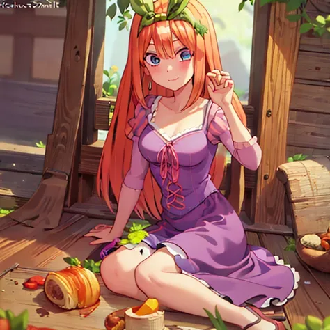 Fusion between Rapunzel from disney and Yotsuba Nakano, good fusion, excellent character design, masterpiece, 4k, perfect anatomy, perfect face, perfect eyes, 1girl, solo, full body, yotsuba nakano wearing rapunzels dress, long long orange hair, red hair, ...