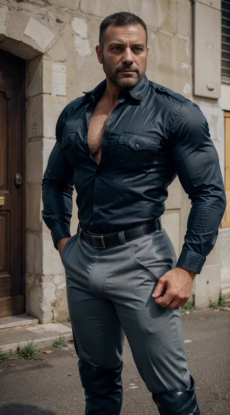 Masterpiece, highest quality, Ultra-Realistic, one man, full body shot, Italian policeman, italian, italian police uniform, rugged, muscular, big biceps, big forearms, bodybuilder body, hairy, very short hair, buzz cut hairstyle, masculine, manly, serious,...