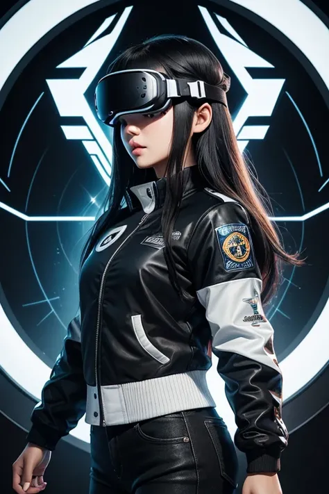 Best Quality, Beautiful White-Korean Female, Early Twenties, Long Black Hair, Brown Eyes, futuristic, extreme detail, Digital Art, E-Sports, Dark Blue Varsity Jacket, Black Sleeves, Thunderbird Logo, Futustic VR Goggles