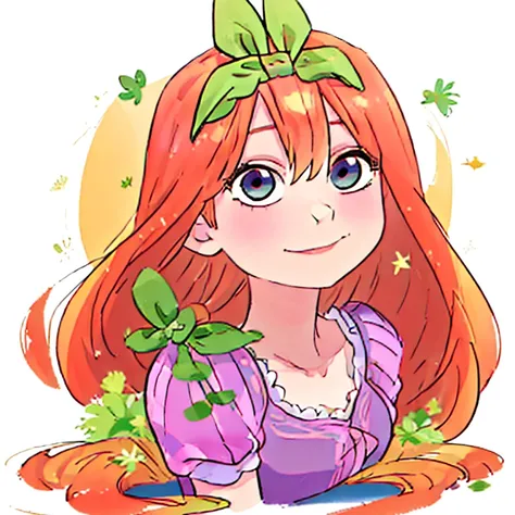 Fusion between Rapunzel from disney and Yotsuba Nakano, good fusion, excellent character design, masterpiece, 4k, perfect anatomy, perfect face, perfect eyes, 1girl, solo, full body, yotsuba nakano wearing rapunzels dress, long long orange hair, red hair, ...